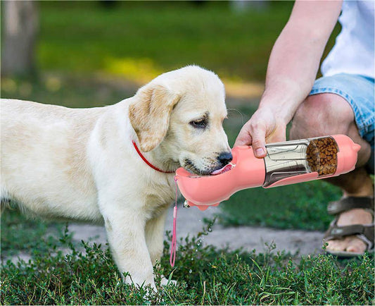 Portable My Store 3-in-1 dog water bottle, travel feeder, and waste bag holder for pet outings.