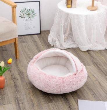 Soft plush 2-in-1 pet bed by My Store, cozy self-warming house for cats and dogs with cushioned interior and raised edges.