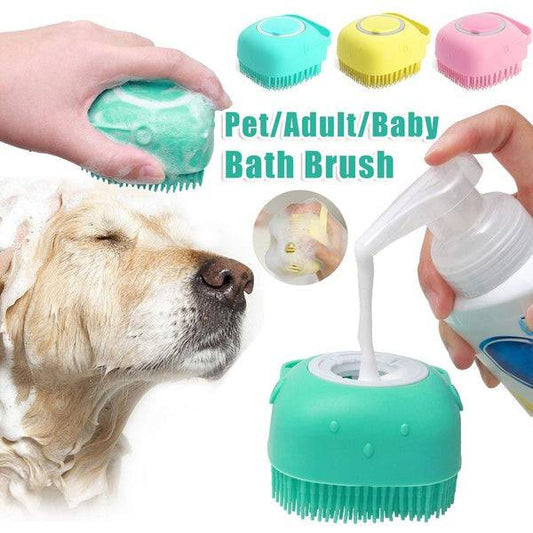 Silicone dog bath massage brush with shampoo dispenser, pet grooming tool for gentle cleaning and massaging dogs during baths.