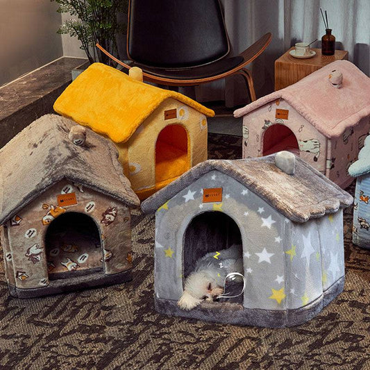 Foldable pet dog and cat house bed by My Store, cozy enclosed cave-style shelter with soft interior for pets' comfort.