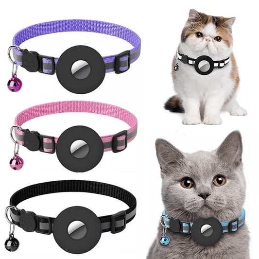 Reflective waterproof AirTag pet collar holder for dogs and cats, featuring adjustable strap and durable design.
