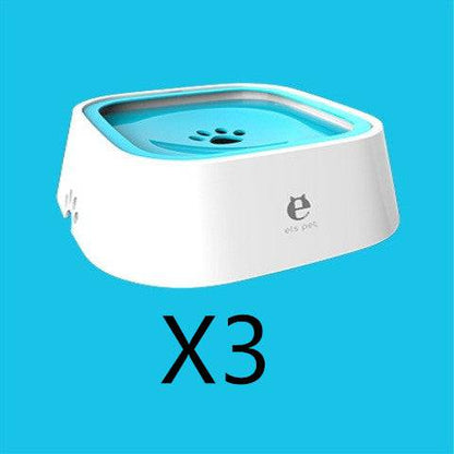 Pet water bowl for dogs and cats, 1.5L anti-overflow design, clear plastic with water inside, suitable for pets at home.