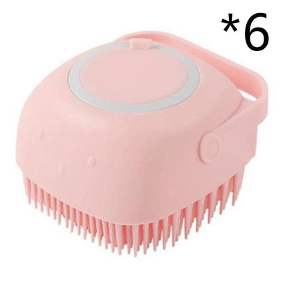 Silicone dog bath massage brush with shampoo dispensing feature, pet grooming tool for gentle cleaning and soothing bath experience.