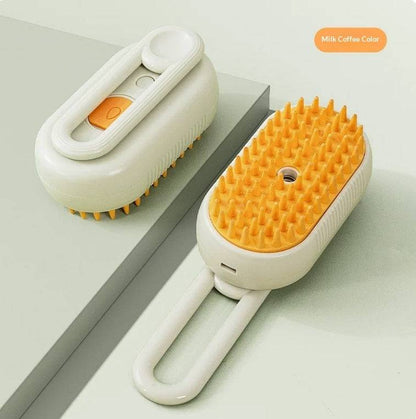 Electric steam pet brush from My Store, showing a pet grooming tool with a handle and steam vents for hair removal and massage.