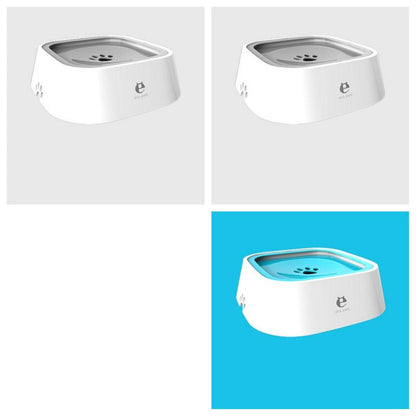 Pet water bowl for dogs and cats, 1.5L anti-overflow design, clear plastic with a wide opening and water inside.