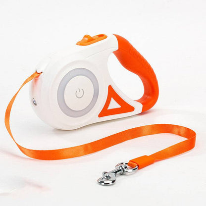 Retractable dog leash with built-in light for secure night walks, featuring adjustable length and comfortable handle.