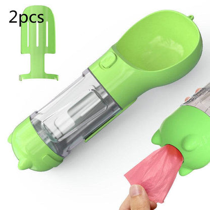 Portable My Store 3-in-1 pet water bottle with travel feeder and waste bag holder, ideal for outdoor dog walks.