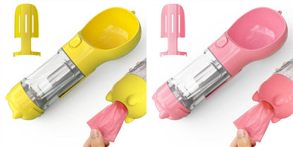 Portable 3-in-1 dog water bottle travel feeder and waste bag holder, compact pet accessory with bottle, bowl, and waste bag dispenser.