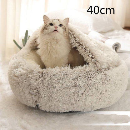 Soft plush 2-in-1 pet bed by My Store, cozy self-warming house for cats and dogs, with cushioned interior and raised edges.