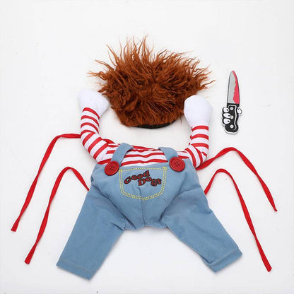 Funny Halloween pet costume for dogs with adjustable cosplay clothes, featuring colorful, playful design for festive pet dress-up.