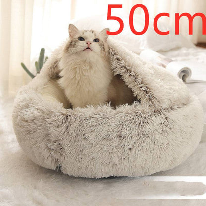 Soft, plush 2-in-1 warm pet bed by My Store, cozy self-warming house for cats and dogs, with cushioned interior and door opening.
