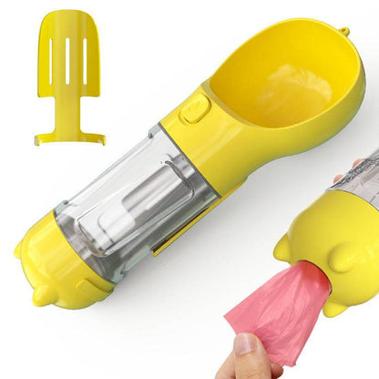 Portable 3-in-1 dog water bottle, travel feeder, and waste bag holder for pets, compact and easy to carry during walks.