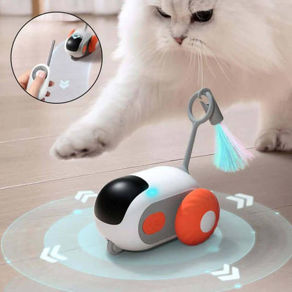 Interactive Cat Car Toy in action with a cat pawing at it, featuring a remote control and colorful tail.