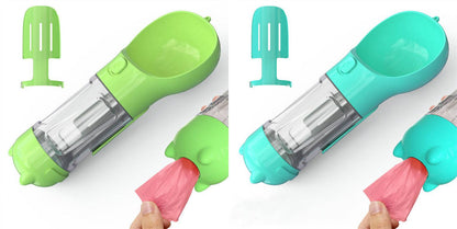 Portable 3-in-1 dog water bottle with travel feeder and waste bag holder, ideal for pet travel and outdoor walks.