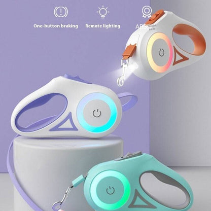 Retractable dog leash with built-in light for secure night walks, made by My Store, showing the leash extended with a dog.
