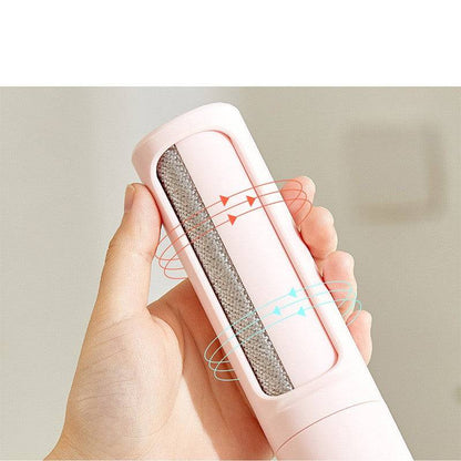 Reusable pet hair remover brush with self-cleaning lint roller, portable design for removing pet hair from clothing and furniture.