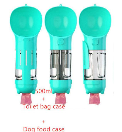 Portable 3-in-1 dog water bottle, travel feeder, and waste bag holder for pet owners, compact and convenient for outdoor walks.