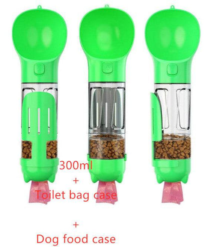 Portable 3-in-1 dog water bottle, travel feeder, and waste bag holder for pets, featuring a compact, convenient design for outdoor walks.