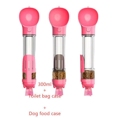 Portable 3-in-1 dog water bottle with travel feeder and waste bag holder, ideal for pet outings and outdoor walks.