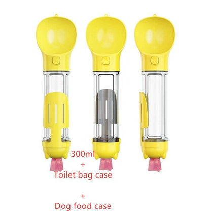Portable 3-in-1 dog water bottle, travel feeder, and waste bag holder for convenient pet hydration and cleanup on the go.