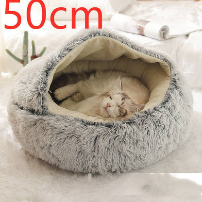 Soft, plush 2-in-1 pet bed for cats and dogs, featuring a cozy, self-warming house for warmth and comfort.