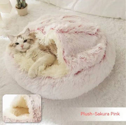 Soft, plush 2-in-1 pet bed for cats and dogs, featuring a cozy, self-warming house design for warmth and comfort.