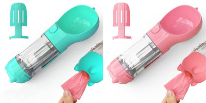 Portable 3-in-1 dog water bottle, travel feeder, and waste bag holder with compact design, ideal for pet travel and outdoor adventures.
