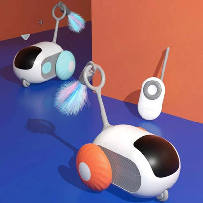 Interactive Cat Car Toy: USB rechargeable self-moving toy for indoor cat entertainment with remote control.