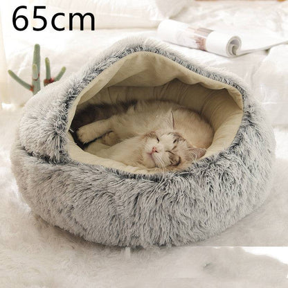 Soft, plush 2-in-1 pet bed for cats and dogs, featuring a cozy, self-warming house design for warmth and comfort.