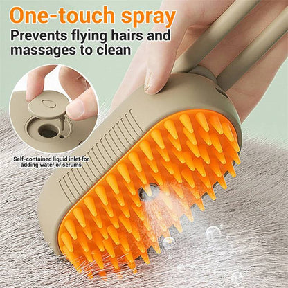 Electric steam pet grooming brush by My Store, showing the device with bristles, steam vents, and a pet's fur for grooming and hair removal.