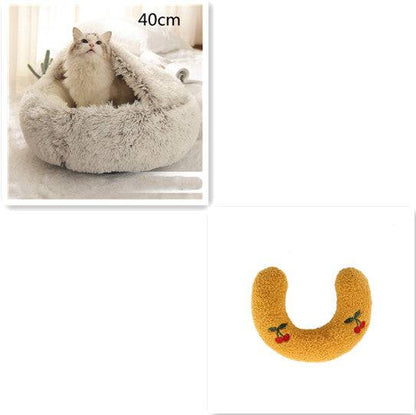 Soft, plush 2-in-1 pet bed for cats and dogs, featuring a cozy self-warming house design for warmth and comfort.