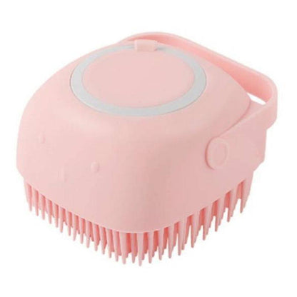 Silicone dog bath massage brush with shampoo dispensing for pet grooming, featuring a comfortable handle and gentle bristles.