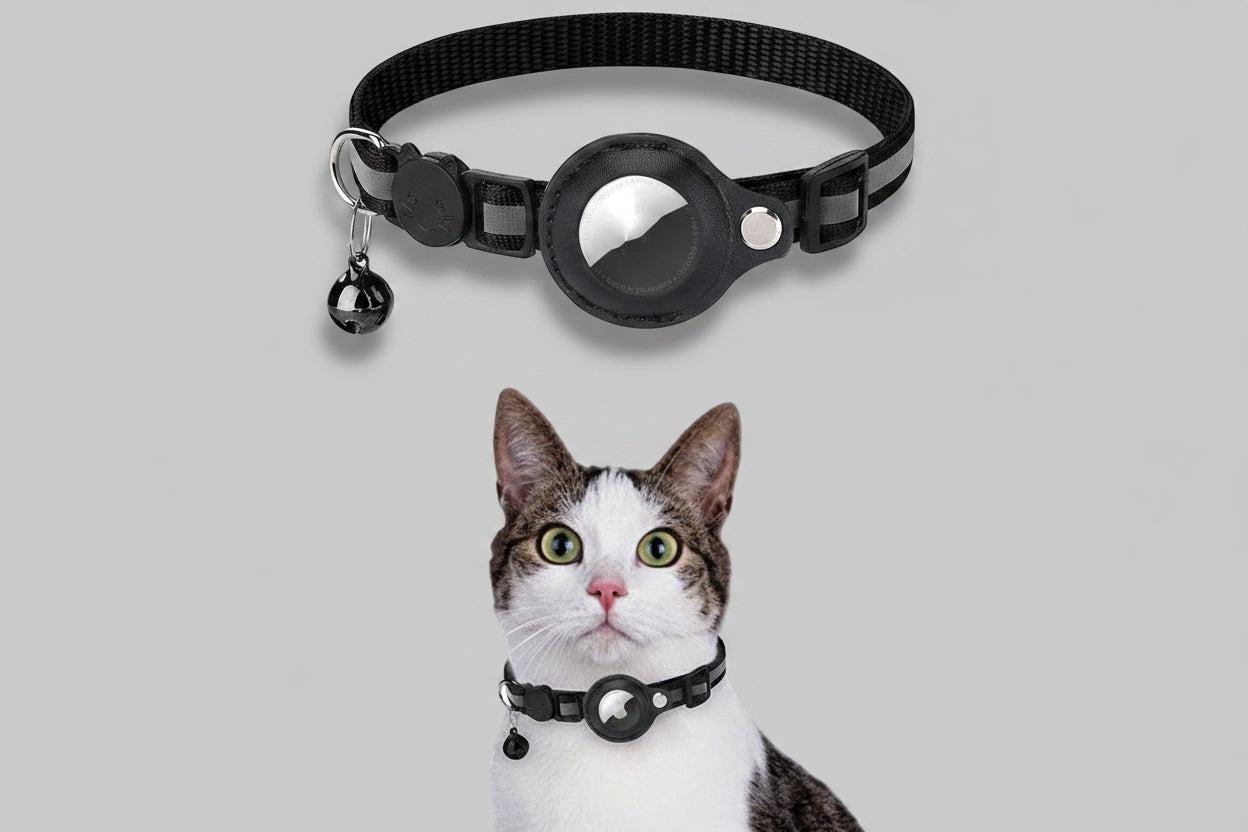 Reflective waterproof AirTag pet collar holder for dogs and cats with adjustable strap and secure closure.