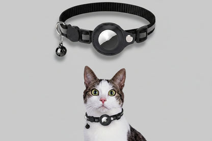 Reflective waterproof AirTag pet collar holder for dogs and cats with adjustable strap and secure closure.