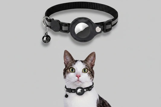 Reflective waterproof AirTag pet collar holder for dogs and cats with adjustable strap and secure closure.