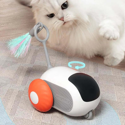 Interactive Cat Car Toy with colorful tail chaser for indoor feline playtime on a wooden floor.