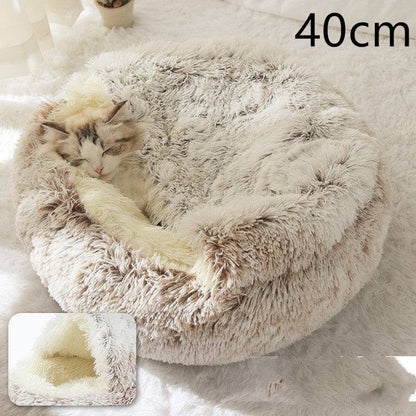 Soft, plush 2-in-1 warm pet bed for cats and dogs, cozy self-warming house designed for comfort and warmth.