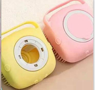 Silicone dog bath massage brush with shampoo dispenser, pet grooming tool for easy bathing and cleaning.