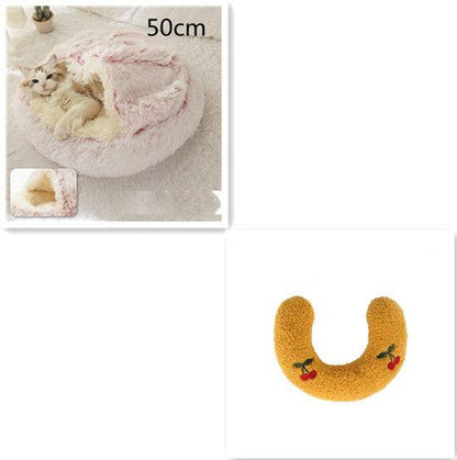 Cozy 2-in-1 plush pet bed for cats and dogs with self-warming house design, soft interior, and warm, comfortable shelter.