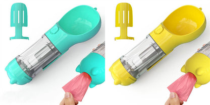 Portable pet water bottle with travel feeder and waste bag holder, ideal for dogs during outdoor trips.