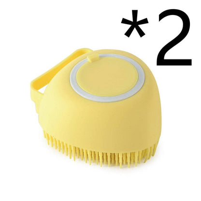 Silicone dog bath massage brush with shampoo dispensing feature, pet grooming tool for gentle, effective cleaning and massage.