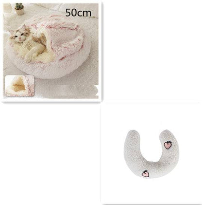Soft, plush 2-in-1 pet bed for cats and dogs, featuring cozy self-warming house design for warmth and comfort.