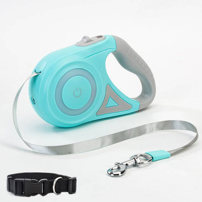 Retractable dog leash from My Store with integrated light for secure night walks, showcasing the leash extended with a dog.