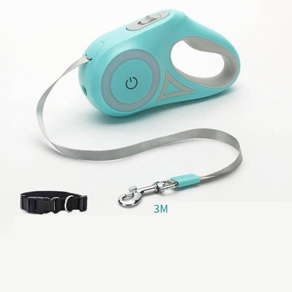 Retractable dog leash with built-in light for secure night walks, featuring a sturdy handle and adjustable length.