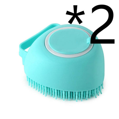Silicone dog bath massage brush with shampoo dispenser, grooming tool for pets, featuring textured bristles and ergonomic design.