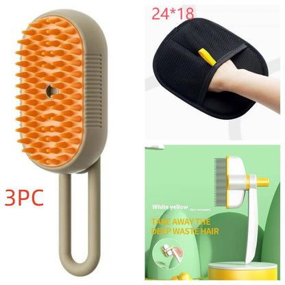 Electric steam pet grooming brush from My Store, showing the 3-in-1 pet hair removal, massage, and grooming tool in use.