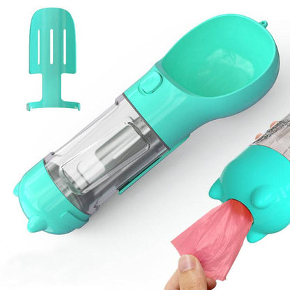 Portable 3-in-1 pet water bottle, travel feeder, and waste bag holder from My Store, ideal for dog travel and outdoor walks.