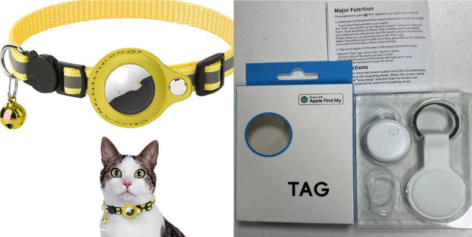 Reflective waterproof AirTag pet collar holder for dogs and cats, showing the secure black silicone case with reflective strip.