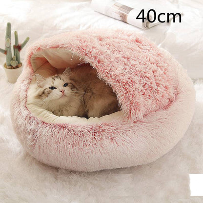 Soft, plush 2-in-1 pet bed for cats and dogs, cozy self-warming house designed for warmth and comfort.