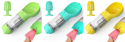 Portable 3-in-1 dog water bottle, travel feeder, and waste bag holder for pets, featuring compact design and easy-to-use components.